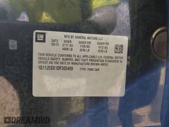 2013 Chevrolet Malibu LTZ with VIN 1G11J5SX1DF303499, listed as a IAAI auction lot 42648683 with 111,496 mi miles and . Bid and sale history available at DreamBid. Image 9.