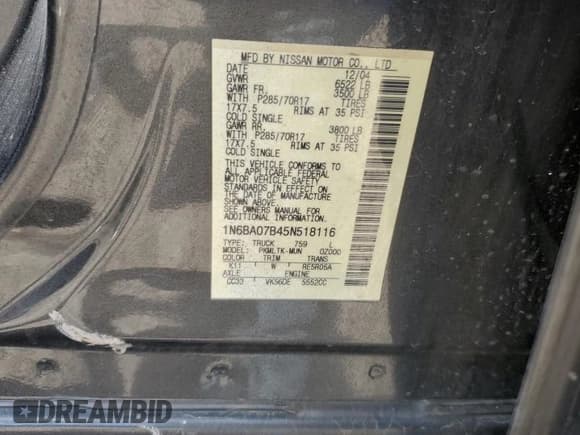 ✅ 2005 Nissan Titan SE • VIN: 1N6BA07B45N518116 • Lot: 54570565. Wystawiony na Copart z przebiegiem 203 969 mil. Bezpłatny archiwum sprzedaży aukcyjnych z USA i szczegółowy raport historii pojazdu na DreamBid. Zdjęcie 12.