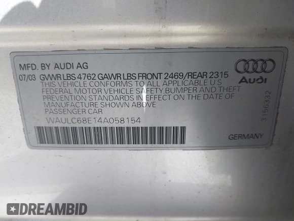 ✅ 2004 Audi A4 1.8T • VIN: WAULC68E14A058154 • Lot: 41749700. Listed on IAAI with 188,223 mi. Free auction sales archive from the USA and detailed vehicle history report at DreamBid. Image 9.