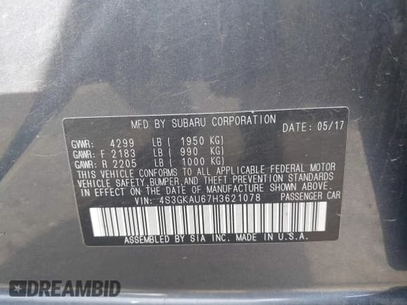 ✅ 2017 Subaru Impreza Limited • VIN: 4S3GKAU67H3621078 • Lot: 42767983. Listed on IAAI with 161,749 mi. Free auction sales archive from the USA and detailed vehicle history report at DreamBid. Image 9.