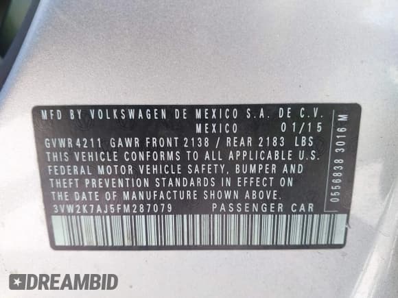 ✅ 2015 Volkswagen Jetta S • VIN: 3VW2K7AJ5FM287079 • Lot: 42982398. Listed on IAAI with 104,408 mi. Free auction sales archive from the USA and detailed vehicle history report at DreamBid. Image 9.