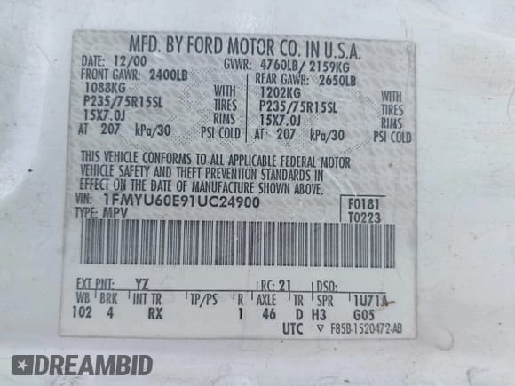 ✅ 2001 Ford Explorer Sport • VIN: 1FMYU60E91UC24900 • Лот: 42817585. Опубликован ранее на IAAI с пробегом 281 588 миль. Бесплатный доступ к архиву аукционных продаж из США и подробный отчёт об истории автомобиля на DreamBid. Изображение 9.