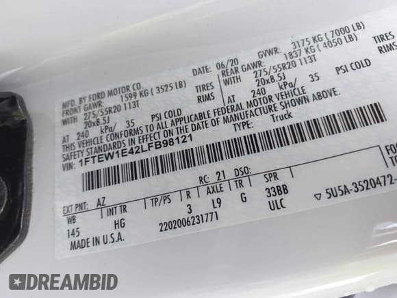 ✅ 2020 Ford F-150 XL • VIN: 1FTEW1E42LFB98121 • Lot: 43179467. Wystawiony na IAAI z przebiegiem 68 210 mil. Bezpłatny archiwum sprzedaży aukcyjnych z USA i szczegółowy raport historii pojazdu na DreamBid. Zdjęcie 9.