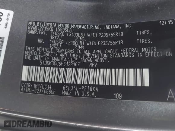 ✅ 2015 Toyota Sienna Limited • VIN: 5TDDK3DC6FS128167 • Lot: 41699588. Listed on IAAI with 179,723 mi. Free auction sales archive from the USA and detailed vehicle history report at DreamBid. Image 9.