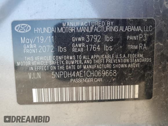 ✅ 2012 Hyundai Elantra Limited • VIN: 5NPDH4AE1CH069668 • Lot: 89919885. Listed on Copart with 190,853 mi. Free auction sales archive from the USA and detailed vehicle history report at DreamBid. Image 12.