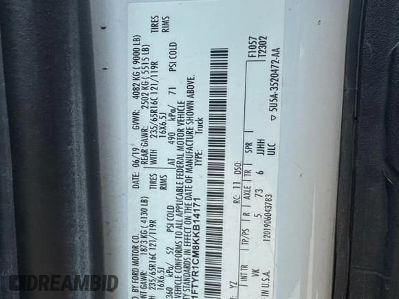 ✅ 2019 Ford Transit • VIN: 1FTYR1CM8KKB14171 • Lot: 60481215. Wystawiony na Copart z przebiegiem 151 113 mil. Bezpłatny archiwum sprzedaży aukcyjnych z USA i szczegółowy raport historii pojazdu na DreamBid. Zdjęcie 10.