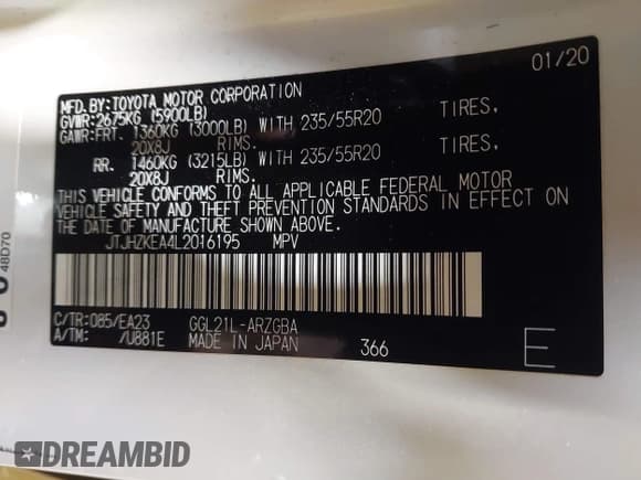 ✅ 2020 Lexus RX 350L • VIN: JTJHZKEA4L2016195 • Lot: 41708998. Listed on IAAI with 56,537 mi. Free auction sales archive from the USA and detailed vehicle history report at DreamBid. Image 9.