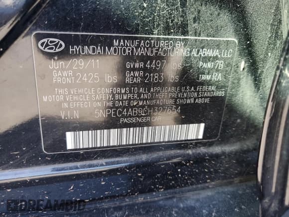 ✅ 2012 Hyundai Sonata Limited • VIN: 5NPEC4AB9CH327654 • Lot: 92589345. Listed on Copart with 199,088 mi. Free auction sales archive from the USA and detailed vehicle history report at DreamBid. Image 12.