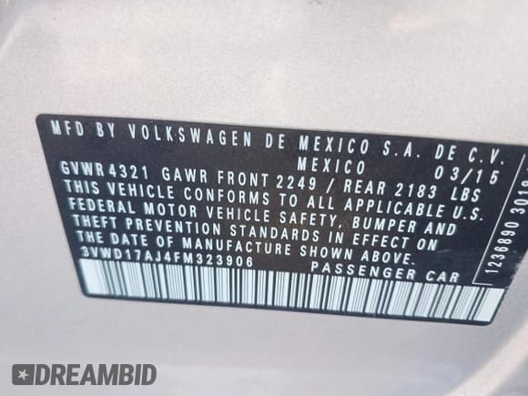 ✅ 2015 Volkswagen Jetta SE • VIN: 3VWD17AJ4FM323906 • Lot: 42543996. Listed on IAAI with 88,382 mi. Free auction sales archive from the USA and detailed vehicle history report at DreamBid. Image 9.