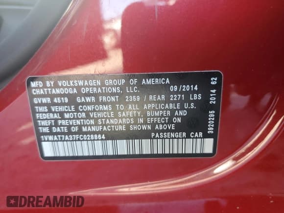 ✅ 2015 Volkswagen Passat Wolfsburg Edition • VIN: 1VWAT7A37FC028864 • Lot: 68624835. Wystawiony na Copart z przebiegiem 109 807 mil. Bezpłatny archiwum sprzedaży aukcyjnych z USA i szczegółowy raport historii pojazdu na DreamBid. Zdjęcie 12.