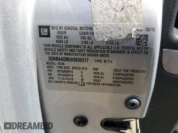 2010 Chevrolet HHR LS с VIN 3GNBAADB6AS636317, выставлен на аукционе Copart как лот 70878504 с пробегом 162 690 миль миль и Списание • Salvage title. История ставок и продаж доступна на DreamBid. Изображение 12.