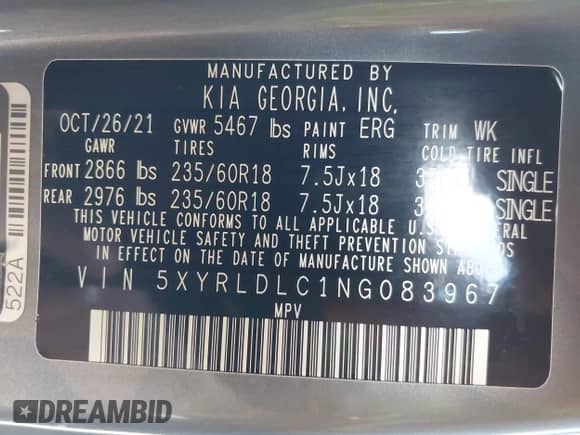 2022 Kia Sorento X-Line S с VIN 5XYRLDLC1NG083967, выставлен на аукционе IAAI как лот 42789921 с пробегом 82 696 миль миль и . История ставок и продаж доступна на DreamBid. Изображение 9.