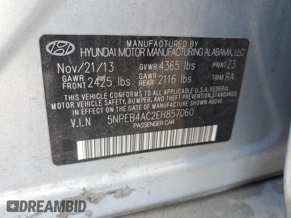 ✅ 2014 Hyundai Sonata GLS • VIN: 5NPEB4AC2EH857060 • Lot: 68288994. Listed on Copart with Not provided. Free auction sales archive from the USA and detailed vehicle history report at DreamBid. Image 12.