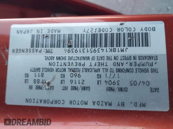 ✅ 2005 Mazda 3 s • VIN: JM1BK143951319394 • Lot: 42707804. Listed on IAAI with 182,611 mi. Free auction sales archive from the USA and detailed vehicle history report at DreamBid. Image 9.