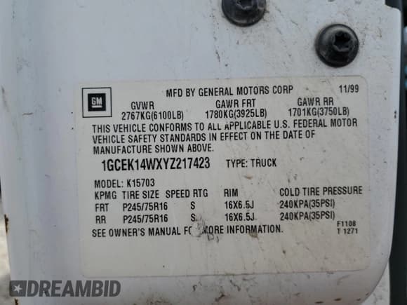 ✅ 2000 Chevrolet Silverado 1500 • VIN: 1GCEK14WXYZ217423 • Lot: 81529985. Listed on Copart with Not provided. Free auction sales archive from the USA and detailed vehicle history report at DreamBid. Image 12.