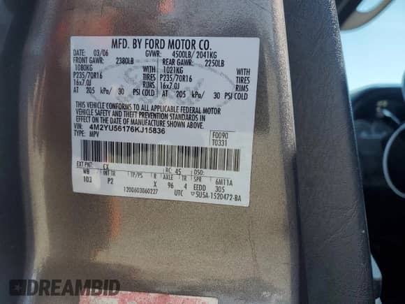 2006 Mercury Mariner Luxury с VIN 4M2YU56176KJ15836, выставлен на аукционе Copart как лот 48988075 с пробегом 223 970 миль миль и Чистый • Clean title. История ставок и продаж доступна на DreamBid. Изображение 13.