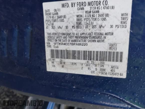 ✅ 2011 Ford Ranger XLT • VIN: 1FTKR4EE7BPA86220 • Lot: 41116420. Listed on IAAI with 269,530 mi. Free auction sales archive from the USA and detailed vehicle history report at DreamBid. Image 9.