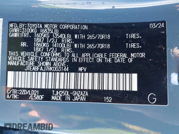 ✅ 2024 Toyota Land Cruiser • VIN: JTEABFAJ7RK003144 • Lot: 42040885. Listed on IAAI with 4,749 mi. Free auction sales archive from the USA and detailed vehicle history report at DreamBid. Image 9.