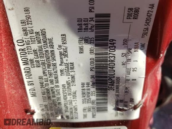 ✅ 2013 Ford Fusion SE Hybrid • VIN: 3FA6P0LU4DR370349 • Lot: 43815825. Listed on Copart with 241,110 mi. Free auction sales archive from the USA and detailed vehicle history report at DreamBid. Image 14.