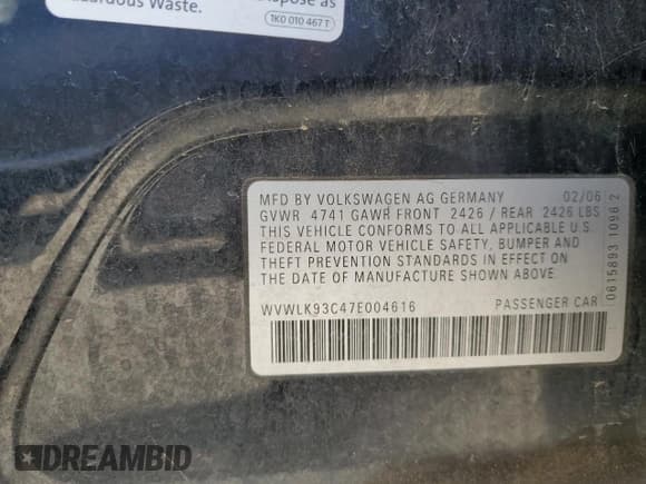 ✅ 2007 Volkswagen Passat 2.0T • VIN: WVWLK93C47E004616 • Lot: 44754525. Wystawiony na Copart z przebiegiem 152 196 mil. Bezpłatny archiwum sprzedaży aukcyjnych z USA i szczegółowy raport historii pojazdu na DreamBid. Zdjęcie 12.