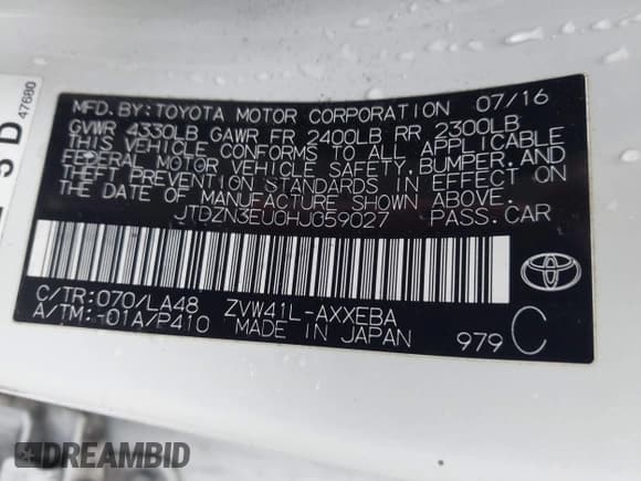 ✅ 2017 Toyota Prius Two • VIN: JTDZN3EU0HJ059027 • Lot: 41558868. Listed on IAAI with 215,604 mi. Free auction sales archive from the USA and detailed vehicle history report at DreamBid. Image 9.