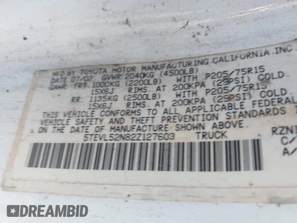✅ 2002 Toyota Tacoma • VIN: 5TEVL52N82Z127603 • Lot: 43873263. Listed on IAAI with 241,070 mi. Free auction sales archive from the USA and detailed vehicle history report at DreamBid. Image 9.