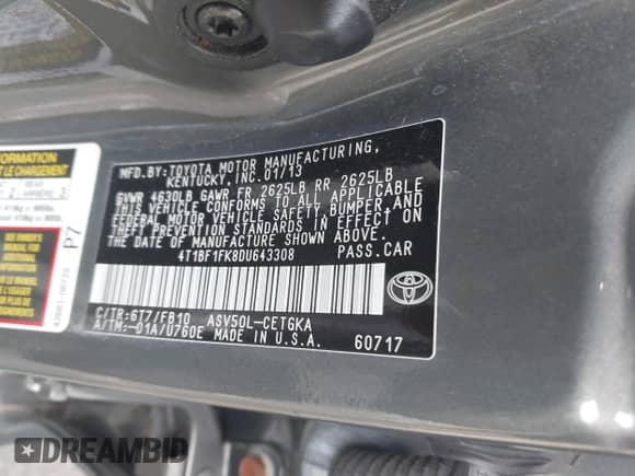 2013 Toyota Camry L с VIN 4T1BF1FK8DU643308, выставлен на аукционе IAAI как лот 42890551 с пробегом 71 033 миль миль и . История ставок и продаж доступна на DreamBid. Изображение 9.