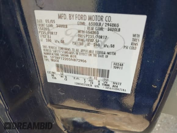 ✅ 2005 Ford F-150 XL • VIN: 1FTRF12205NB72906 • Lot: 42944020. Listed on IAAI with 154,681 mi. Free auction sales archive from the USA and detailed vehicle history report at DreamBid. Image 9.