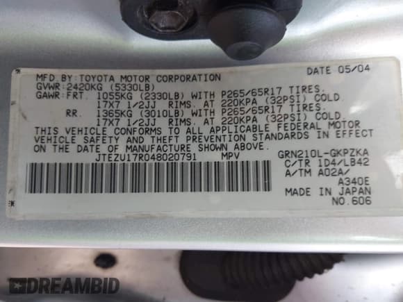 ✅ 2004 Toyota 4Runner Limited • VIN: JTEZU17R048020791 • Lot: 43776771. Listed on IAAI with 223,230 mi. Free auction sales archive from the USA and detailed vehicle history report at DreamBid. Image 9.