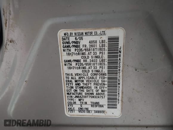 ✅ 2005 Nissan Murano SL • VIN: JN8AZ08T75W324757 • Lot: 43663789. Listed on IAAI with 150,103 mi. Free auction sales archive from the USA and detailed vehicle history report at DreamBid. Image 9.