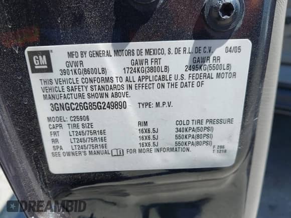 ✅ 2005 Chevrolet Suburban LT • VIN: 3GNGC26G85G249890 • Лот: 42348239. Опубликован ранее на IAAI с пробегом 185 416 миль. Бесплатный доступ к архиву аукционных продаж из США и подробный отчёт об истории автомобиля на DreamBid. Изображение 9.