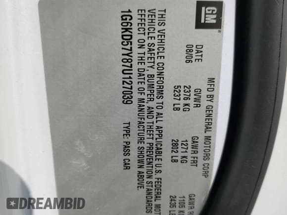 ✅ 2007 Cadillac DTS V8 • VIN: 1G6KD57Y87U127039 • Lot: 61781955. Wystawiony na Copart z przebiegiem 77 817 mil. Bezpłatny archiwum sprzedaży aukcyjnych z USA i szczegółowy raport historii pojazdu na DreamBid. Zdjęcie 12.