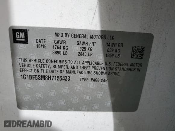 ✅ 2017 Chevrolet Cruze Premier • VIN: 1G1BF5SM8H7156433 • Lot: 43998223. Listed on Copart with 93,691 mi. Free auction sales archive from the USA and detailed vehicle history report at DreamBid. Image 12.