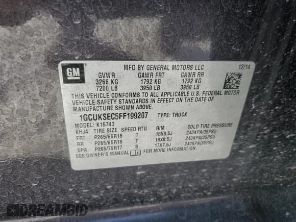 ✅ 2015 Chevrolet Silverado 1500 LTZ • VIN: 1GCUKSEC5FF199207 • Лот: 41789615. Опубликован ранее на Copart с пробегом 164 620 миль. Бесплатный доступ к архиву аукционных продаж из США и подробный отчёт об истории автомобиля на DreamBid. Изображение 14.