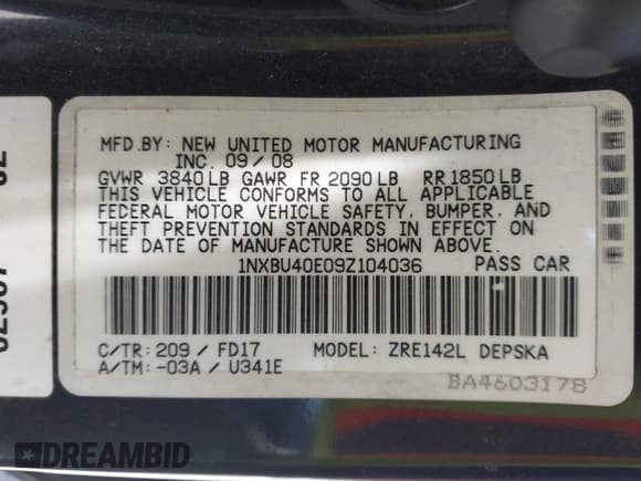 ✅ 2009 Toyota Corolla • VIN: 1NXBU40E09Z104036 • Lot: 43045310. Wystawiony na IAAI z przebiegiem 190 276 mil. Bezpłatny archiwum sprzedaży aukcyjnych z USA i szczegółowy raport historii pojazdu na DreamBid. Zdjęcie 9.