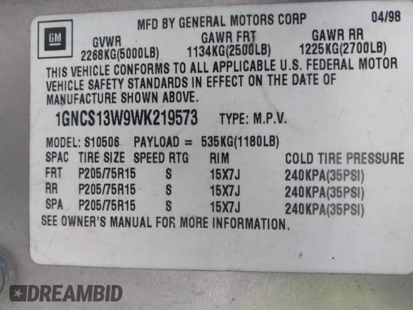 ✅ 1998 Chevrolet Blazer LS • VIN: 1GNCS13W9WK219573 • Lot: 42290584. Wystawiony na IAAI z przebiegiem 148 363 mil. Bezpłatny archiwum sprzedaży aukcyjnych z USA i szczegółowy raport historii pojazdu na DreamBid. Zdjęcie 9.