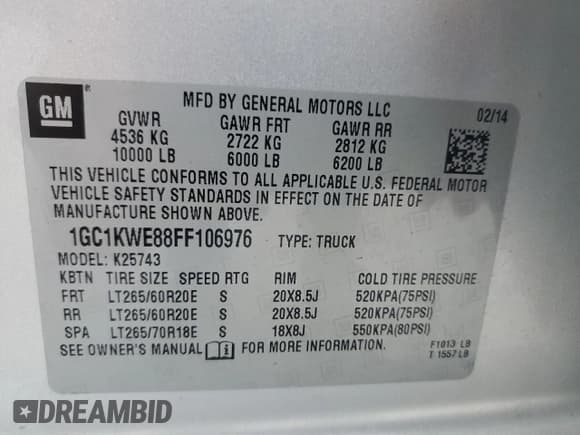 ✅ 2015 Chevrolet Silverado 2500HD LTZ • VIN: 1GC1KWE88FF106976 • Lot: 82219705. Listed on Copart with 149,611 mi. Free auction sales archive from the USA and detailed vehicle history report at DreamBid. Image 13.