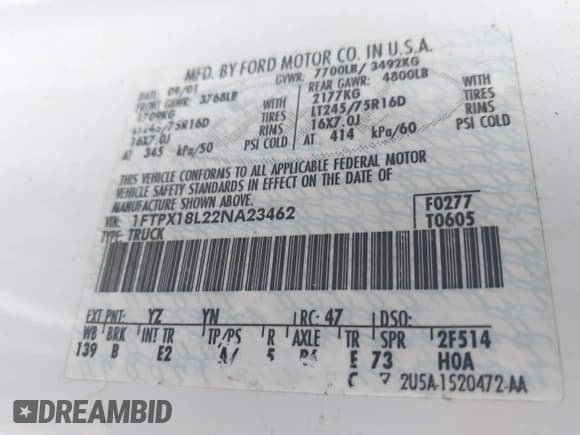 ✅ 2002 Ford F-150 XL • VIN: 1FTPX18L22NA23462 • Лот: 43911943. Опубликован ранее на IAAI с пробегом Не указан. Бесплатный доступ к архиву аукционных продаж из США и подробный отчёт об истории автомобиля на DreamBid. Изображение 9.