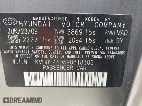 ✅ 2009 Hyundai Elantra GLS • VIN: KMHDU46D59U818106 • Лот: 42933287. Опубликован ранее на IAAI с пробегом 203 674 миль. Бесплатный доступ к архиву аукционных продаж из США и подробный отчёт об истории автомобиля на DreamBid. Изображение 9.