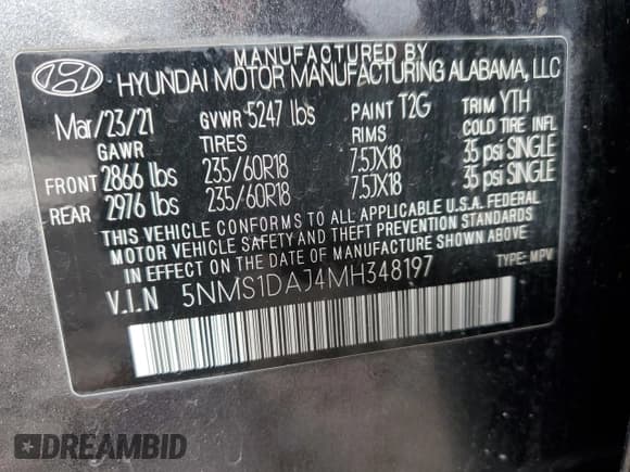 ✅ 2021 Hyundai Santa Fe SE • VIN: 5NMS1DAJ4MH348197 • Lot: 92784185. Listed on Copart with 126,822 mi. Free auction sales archive from the USA and detailed vehicle history report at DreamBid. Image 14.