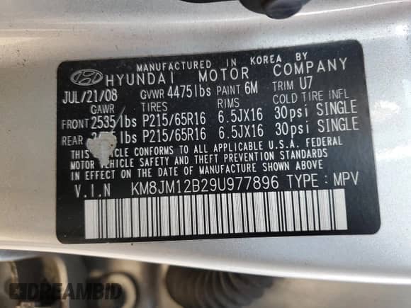 2009 Hyundai Tucson GLS z VIN KM8JM12B29U977896, wystawiony jako Copart lot #81466764 z przebiegiem 168 214 mil mil oraz Szkoda całkowita • Salvage title. Historia ofert i sprzedaży dostępna na DreamBid. Obrazek 15.