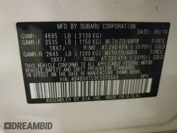 ✅ 2019 Subaru Outback Touring • VIN: 4S4BSATC5K3375569 • Лот: 81961975. Опубликован ранее на Copart с пробегом 76 486 миль. Бесплатный доступ к архиву аукционных продаж из США и подробный отчёт об истории автомобиля на DreamBid. Изображение 13.