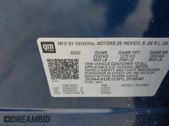 ✅ 2023 Chevrolet Equinox LT • VIN: 3GNAXUEG3PL205040 • Lot: 43047501. Listed on IAAI with 28,249 mi. Free auction sales archive from the USA and detailed vehicle history report at DreamBid. Image 9.