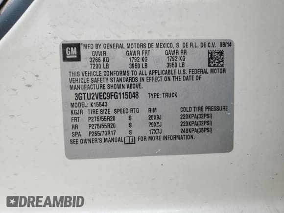 ✅ 2015 GMC Sierra 1500 SLT • VIN: 3GTU2VEC9FG115048 • Lot: 80620195. Listed on Copart with 210,830 mi. Free auction sales archive from the USA and detailed vehicle history report at DreamBid. Image 12.