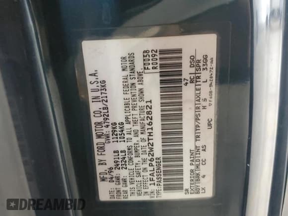 ✅ 1996 Ford Thunderbird LX • VIN: 1FALP62W2TH162821 • Lot: 56204055. Listed on Copart with 175,394 mi. Free auction sales archive from the USA and detailed vehicle history report at DreamBid. Image 12.