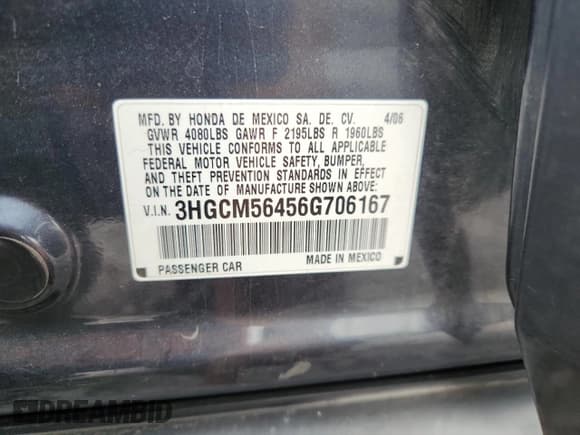 ✅ 2006 Honda Accord LX • VIN: 3HGCM56456G706167 • Лот: 82495275. Опубликован ранее на Copart с пробегом 154 910 миль. Бесплатный доступ к архиву аукционных продаж из США и подробный отчёт об истории автомобиля на DreamBid. Изображение 12.