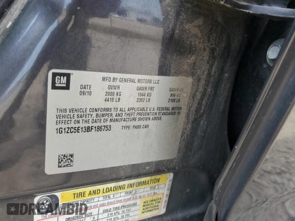 ✅ 2011 Chevrolet Malibu 1LT • VIN: 1G1ZC5E13BF186753 • Lot: 69311504. Listed on Copart with Not provided. Free auction sales archive from the USA and detailed vehicle history report at DreamBid. Image 12.