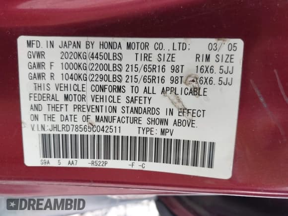 ✅ 2005 Honda CR-V LX • VIN: JHLRD78565C042511 • Lot: 42470938. Listed on IAAI with Not provided. Free auction sales archive from the USA and detailed vehicle history report at DreamBid. Image 9.