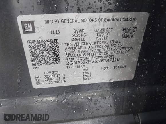 2019 Chevrolet Equinox LT with VIN 2GNAXKEV5K6187110, listed as a IAAI auction lot 43214077 with 91,341 mi miles and . Bid and sale history available at DreamBid. Image 9.