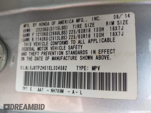 ✅ 2014 Honda Crosstour EX-L • VIN: 5J6TF2H51EL004582 • Lot: 42557215. Listed on IAAI with 129,466 mi. Free auction sales archive from the USA and detailed vehicle history report at DreamBid. Image 9.